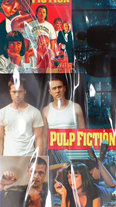 the movie pulp fiction is being shown in multiple pictures, including two men and one woman