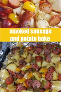 sausage and potato bake with the words smoked sausage and potato bake