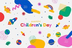 children's day card with colorful objects in the shape of spaceships and stars