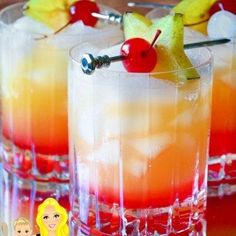 two glasses filled with drinks and garnished with fruit