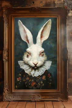 an oil painting of a white rabbit wearing a collar and dress with flowers on it's chest