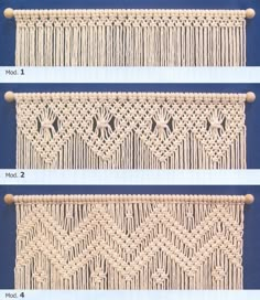 three different types of wall hangings made from yarn and wood sticks, with measurements for each piece