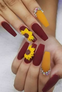 Yellow Acrylic Nails Almond Shape, Sunflower And Rose Nails Acrylic, Winter Nails Matte, Quinceanera Nails, Long Nail Art, Yellow Nail, Sunflower Nails, Nails Matte, Red Acrylic Nails