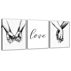 three black and white prints with hands holding each other's hand, one has the word love written on it