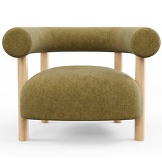 an upholstered green chair with wooden legs and curved backrests, viewed from the front