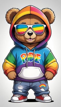 a teddy bear wearing sunglasses and a rainbow hoodie with the word pride on it