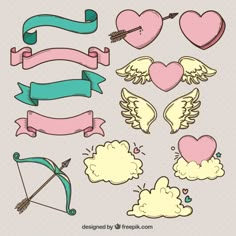 different kinds of hearts and wings with ribbons on the sides, including an arrow, heart shaped