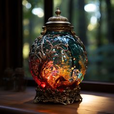 a colorful glass jar sitting on top of a wooden table in front of a window