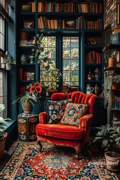 a living room filled with lots of furniture and bookshelves full of books next to a window