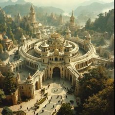 an aerial view of a large building with many spires and towers in the middle