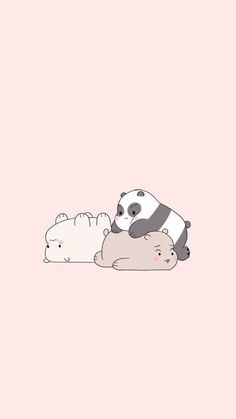 a panda bear laying on top of a baby polar bear in the middle of a pink background