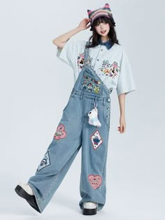 Elevate your casual wardrobe with these charming blue wide-leg overalls, featuring delightful cartoon animal embroidery. Crafted from high-quality denim, these overalls offer a relaxed fit with wide legs for ultimate comfort and style. The intricate embroidery adds a playful touch, making these overalls perfect for any kawaii or casual chic ensemble. Adjustable straps ensure a perfect fit, while multiple pockets provide practicality without compromising on style. Pair them with a simple tee or a cute blouse to complete your adorable look! Garment Size SizeSMLXLFull Length99100102103Hips106110114118 Overalls Art Reference, Layered Overalls Outfit, Overalls Reference, Gen Alpha Fashion, Pastel Blue Clothes, How To Style Overalls, Cute Overall Outfits, Spring Jumper, Casual Poses