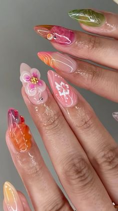 Tropical Nails Almond Shape, Rapunzel Nails Acrylic, Tangled Inspired Nails, Moana Nails, Rapunzel Nails, Tangled Nails, Manga Nails, Textured Nails, Fish Nails