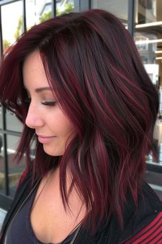 Ruby Highlights Brown Hair, Black Lowlights In Red Hair, Purple Red Highlights In Brown Hair, Fall Red Hair Balayage, Black Hair Ideas Color Highlights, Red Hair Colors For Fair Skin, Dark Hair Color Ideas Medium Length, Hair Red Highlights For Brown Hair, Burgundy Hair On Black Hair