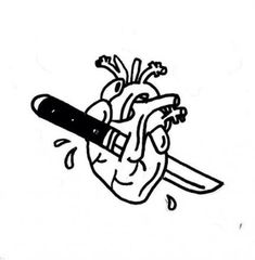 a black and white drawing of a heart with a knife in it's mouth