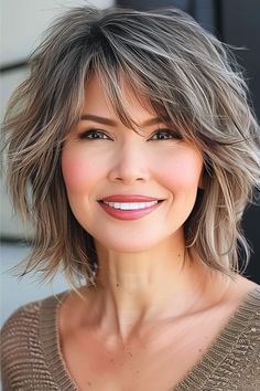 Textured Shag with Side-Swept Bangs Hairstyle for Women Over 50. Shabby Lob Haircut, Medium Haircuts For Wavy Hair Women, Second Day Short Hair, Layered Hair Chin Length, Choppy Bob Shoulder Length, Over 60 Womens Hairstyles, Shag Thick Hair Shoulder Length, Square Face Shag Haircut, Layers With Bangs Short