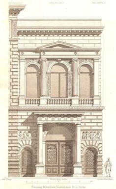 an architectural drawing of a building with columns and arches on the front, along with two doorways