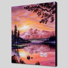 a painting of a lake with mountains and trees in the background at sunset or dawn