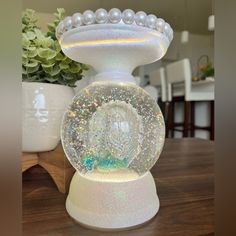 a snow globe sitting on top of a wooden table next to a potted plant