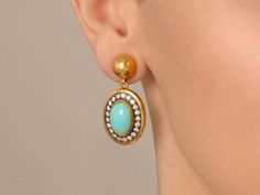 One-of-a-Kind Single Earrings in 24k/22k/18k White Gold, 14x10mm Oval set in Blackened White Gold Frame from the Muse Collection, with Turquoise Luxury Turquoise Oval Earrings, Opal Gifts, Opal Birthstone, The Muse, Ruby Sapphire, Recycled Gold, Single Earring, Pure Gold, High Jewelry