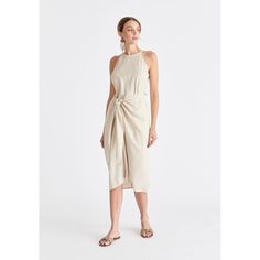 Linen Blend Waist Tie Dress In Oatmeal Chic Linen Midi Dress For Vacation, Elegant Linen Midi Dress For The Beach, Chic Linen Midi Dress For Summer, Chic Linen Dress For Daywear, Chic Cream Linen Midi Dress, Elegant Neutral Linen Midi Dress, Elegant Cream Linen Midi Dress, Chic Neutral Linen Midi Dress, Cream Linen Midi Dress