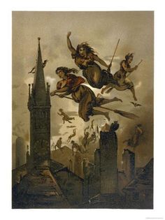 an old painting of angels flying over a cityscape with buildings and spires in the background