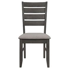 a wooden chair with grey fabric seat pad