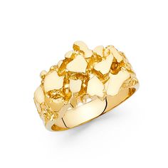 a gold plated ring with hearts on the front and sides, set against a white background