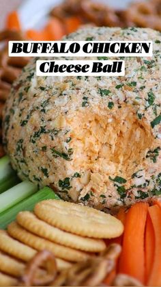 a cheese ball surrounded by pretzels, carrots and celery