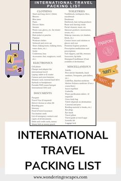 an international travel packing list with luggage tags and stickers on it, in front of the