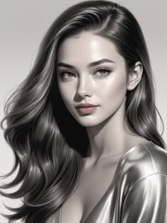 a drawing of a woman with long, wavy hair and wearing a shiny top is shown