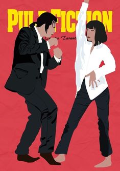 two men in suits are dancing together with the caption pulp fiction on top of them