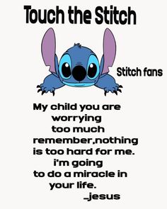 a cartoon character with the words touch the stitch on it's face and an image of