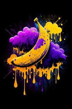 a yellow banana with purple and yellow drips on the bottom is sitting in front of a black background