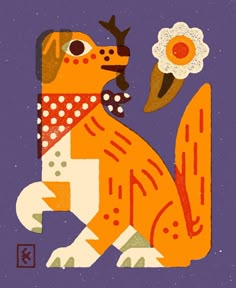 an orange dog with a flower in its mouth on a purple background is the image