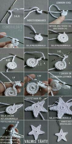 instructions to crochet an ornament for christmas tree ornaments, including star and snowflakes