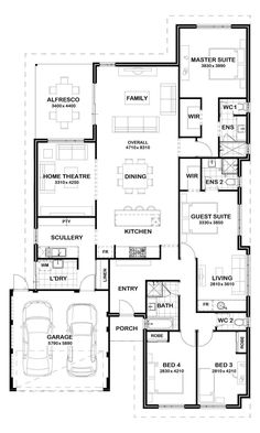 the floor plan for a three bedroom house with two car garages and an attached living area