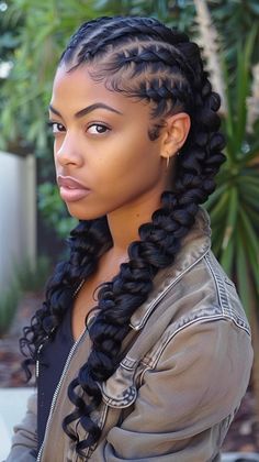 : Stay trendy with these modern black cornrows and curls. Perfect for a contemporary look. Save this pin for modern cornrow and curl ideas! Tags: #CornrowsWithCurls #ModernStyle #ContemporaryLook Two Braid Feed In Braids, Braided Cornrow Hairstyles With Weave, Feed In Braids Box Braids, Protection Braids, Cornrow Hairstyles Black Women, Goddess Cornrow Braids, Cornrows And Curls, Four Braids Cornrow, Goddess Cornrows