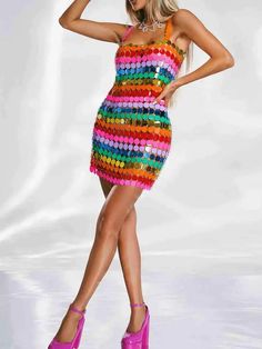 Features of Rainbow Disc Sequin Dress 💖1.A-line SilhouetteThe A-line silhouette of this rainbow disc sequin dress is both flattering and comfortable, gently flaring out from the waist for a classic and timeless look that suits all body types.💖2.Chain Armor and Rainbow Disc SequinsThe captivating combination of chainmail and rainbow disc sequins in this dress embodies the spirit of disco. Chain mail shapes add an edgy glamour, while rainbow disc sequins create a dazzling and dynamic visual effe Disc Sequin Dress, Mail Shapes, Chain Armor, Short Sequin Skirt, Green Sequin Dress, Rhinestone Skirt, White Sequin Dress, Red Sequin Dress, Pink Sequin Dress