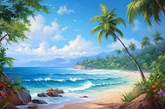 a painting of a tropical beach with palm trees