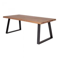 a wooden table with black metal legs