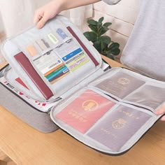 an open suitcase filled with passport and other items on top of a wooden table next to a plant