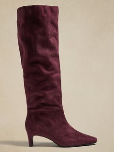 Vegan Tall Slouch Boot | Banana Republic Factory Mid Calf Heel Boots, Slouchy Boots Outfit, Best Fall Boots, Fall Boot Trend, Suede Slouch Boots, Tall Boots Outfit, Pointy Boots, Burgundy Boots, Slouch Boots