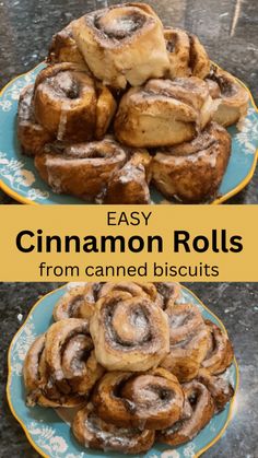 cinnamon rolls stacked on top of each other with the words easy cinnamon rolls from canned biscuits