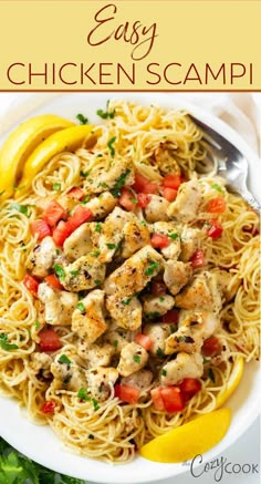 chicken scamp with lemons and tomatoes in a white bowl