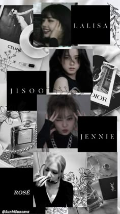 black and white collage with images of women, perfumes and flowers on it