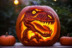 a pumpkin carved to look like a dinosaur