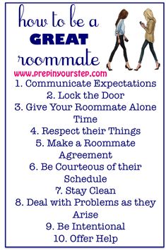 a poster with the words how to be a great roommate and an image of two women walking