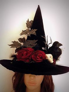 Elegant Black Hats, Mage Art, Handmade Witch Hat, Witchs Hat, Magic Fox, Witches Dance, Witch Accessories, Black Witch Hat