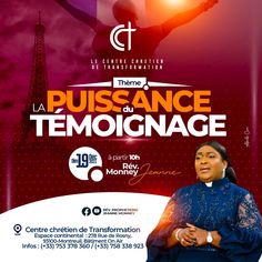 a poster for the performance of puissace de temoignage with an image of a woman in blue